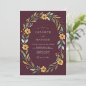Invitation Mariage Floral Rustique Doré Bordeaux (Debout devant)