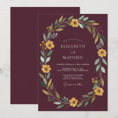 Invitation Mariage Floral Rustique Doré Bordeaux (Devant / Derrière)