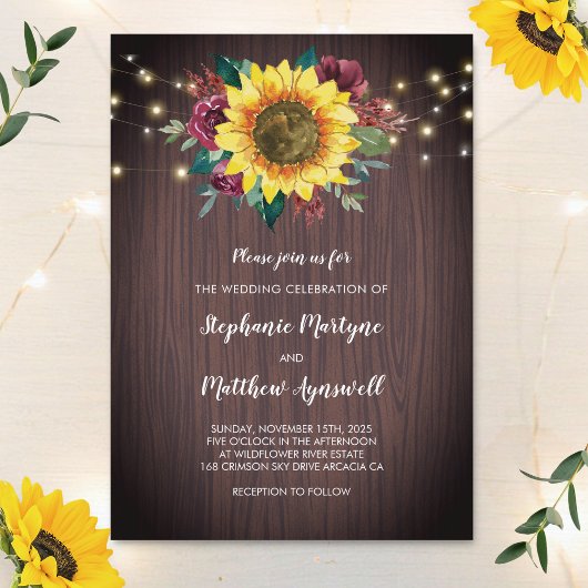Invitation Mariage floral rustique en bois de tournesol
