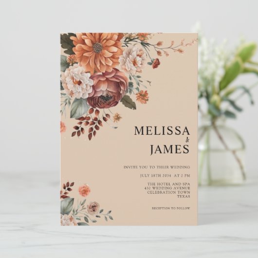 Invitation Mariage floral Rustique en terre cuite Boho (Debout devant)