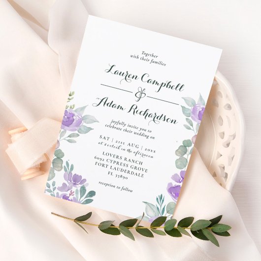 Invitation Mariage Floral Rustique Eucalyptus Violet