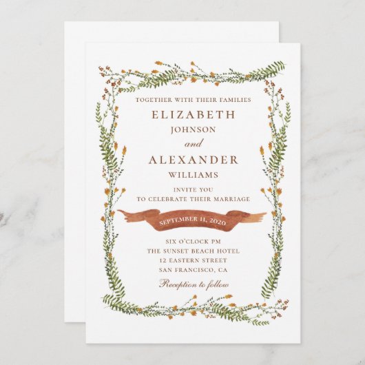 Invitation Mariage floral rustique. Fleurs de campagne. Botan (Devant / Derrière)