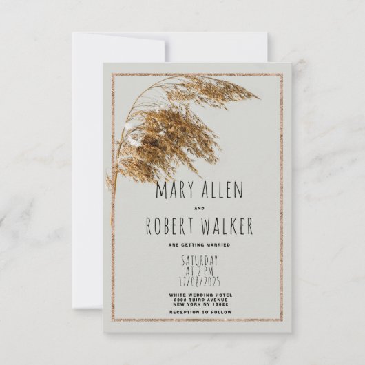 Invitation Mariage floral rustique gris-doré (Devant)