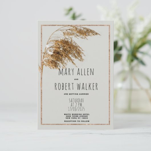 Invitation Mariage floral rustique gris-doré (Debout devant)