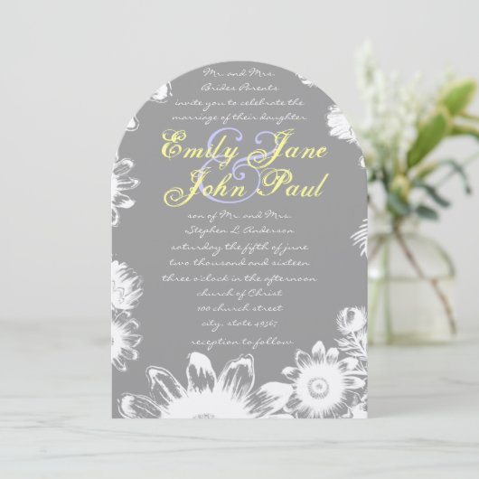 Invitation Mariage floral rustique gris jaune Lilac (Debout devant)