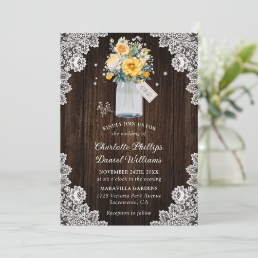 Invitation Mariage floral rustique jaune (Debout devant)