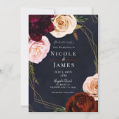 Invitation Mariage Floral Rustique Moderne Bleu Foncé & Or (Devant)
