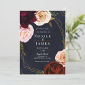 Invitation Mariage Floral Rustique Moderne Bleu Foncé & Or (Debout devant)