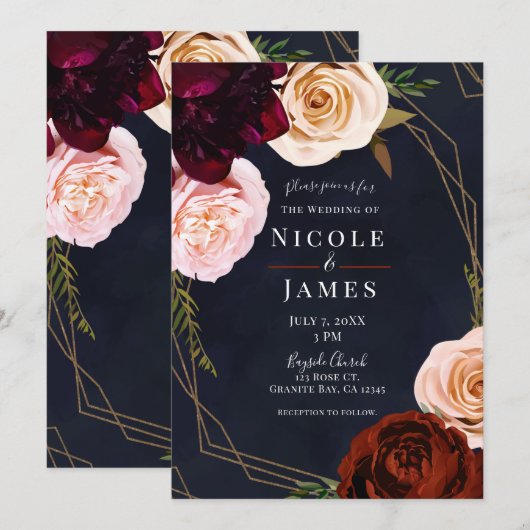 Invitation Mariage Floral Rustique Moderne Bleu Foncé & Or (Devant / Derrière)