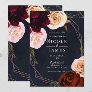 Invitation Mariage Floral Rustique Moderne Bleu Foncé & Or Ro