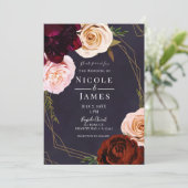Invitation Mariage Floral Rustique Moderne Violet Prune & Or (Debout devant)