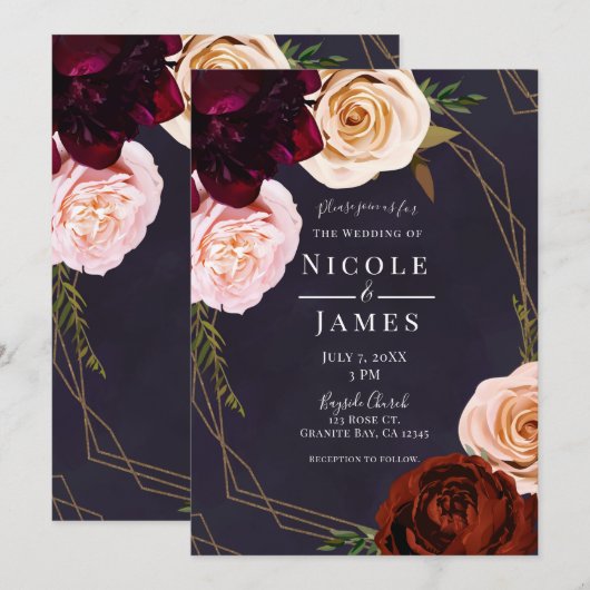 Invitation Mariage Floral Rustique Moderne Violet Prune & Or (Devant / Derrière)