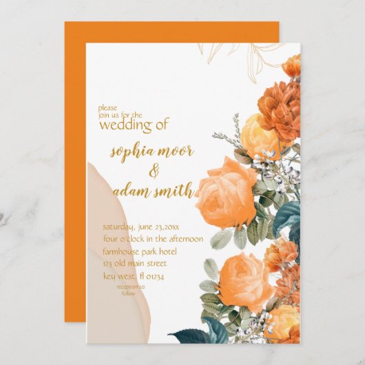 Invitation Mariage floral rustique orangé de Boho neutre (Devant / Derrière)