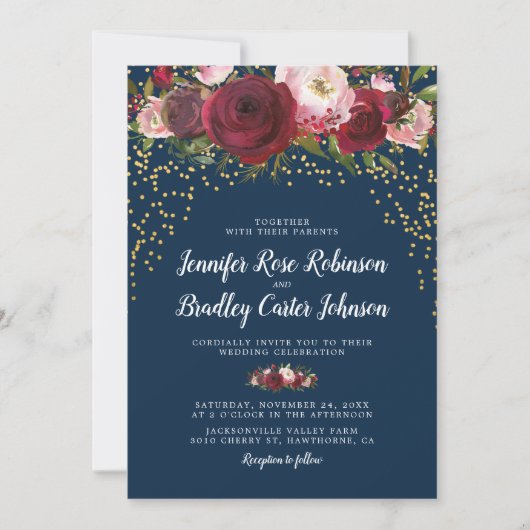 Invitation Mariage floral rustique rose burgundy marine (Devant)