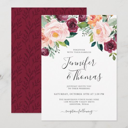 Invitation Mariage floral rustique rose et bourgogne (Devant / Derrière)