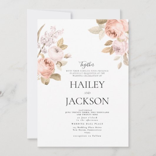 Invitation Mariage floral rustique rose marron bohème neutre (Devant)