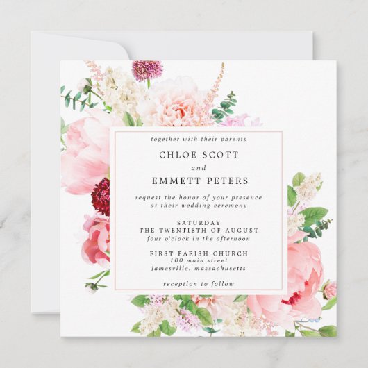 Invitation Mariage floral Rustique rose Peony (Devant)