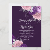 Invitation Mariage Floral Rustique Rose Violet & Argent (Devant)