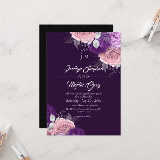 Invitation Mariage Floral Rustique Rose Violet & Argent (Devant/Arrière en situation)