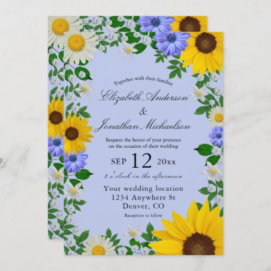 Invitation Mariage floral rustique Tournesol Daisy (Devant / Derrière)