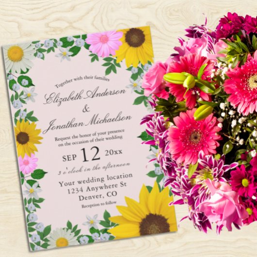 Invitation Mariage floral rustique Tournesol Daisy