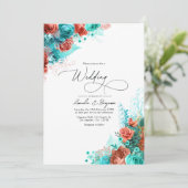Invitation Mariage Floral Rustique Turquoise et Corail (Debout devant)