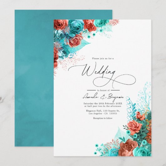 Invitation Mariage Floral Rustique Turquoise et Corail (Devant / Derrière)