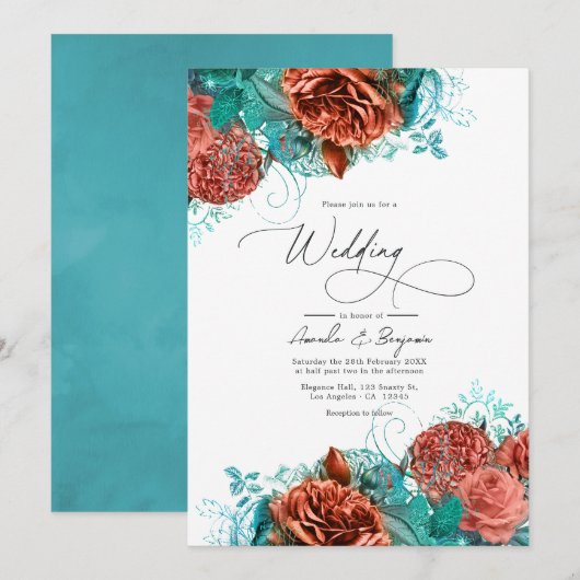 Invitation Mariage Floral Rustique Turquoise et Corail (Devant / Derrière)