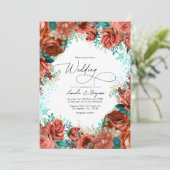 Invitation Mariage Floral Rustique Turquoise et Corail (Debout devant)