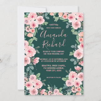 Invitation Mariage Floral Rustique Vert Émeraude Rose Fardé
