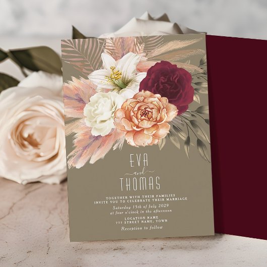 Invitation Mariage floral rustique vert olive et burgundy