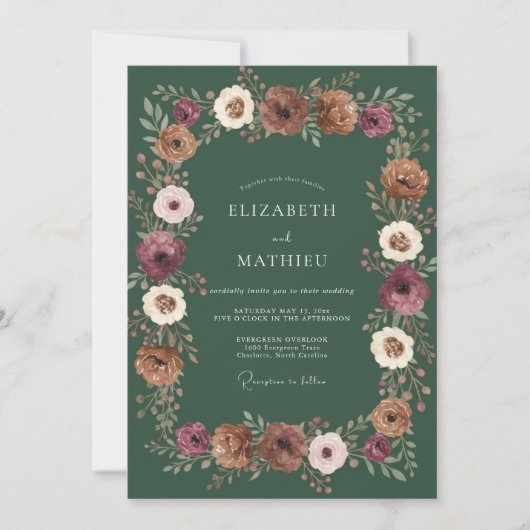 Invitation Mariage Floral Rustique Vert Profond (Devant)