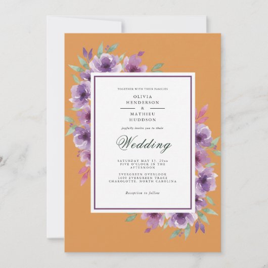 Invitation Mariage Floral Rustique Violet (Devant)