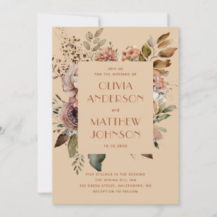 Invitation Mariage Floral Sable Pêche. Jardin Rustique d'Auto