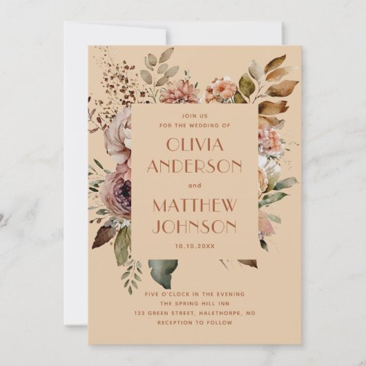 Invitation Mariage Floral Sable Pêche. Jardin Rustique d'Auto (Devant)