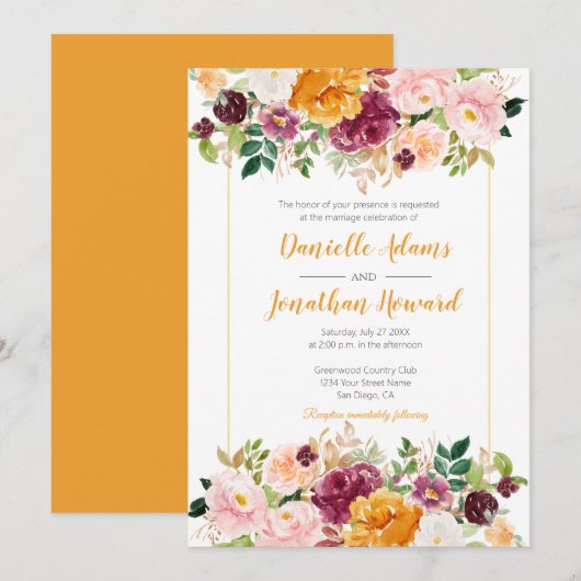 Invitation Mariage floral safran Bourgogne rose (Devant / Derrière)