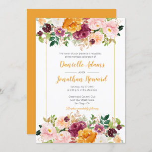 Invitation Mariage floral safran Bourgogne rose