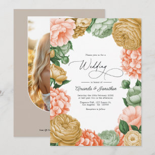 Invitation Mariage Floral Sage, Pêche et Or Antique