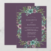 Invitation Mariage Floral sarcelle Deep Purple (Devant / Derrière)