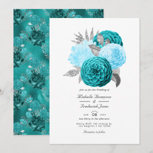 Invitation Mariage floral sarcelle et argent