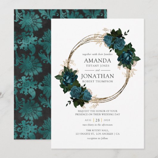 Invitation Mariage floral sarcelle et or (Devant / Derrière)