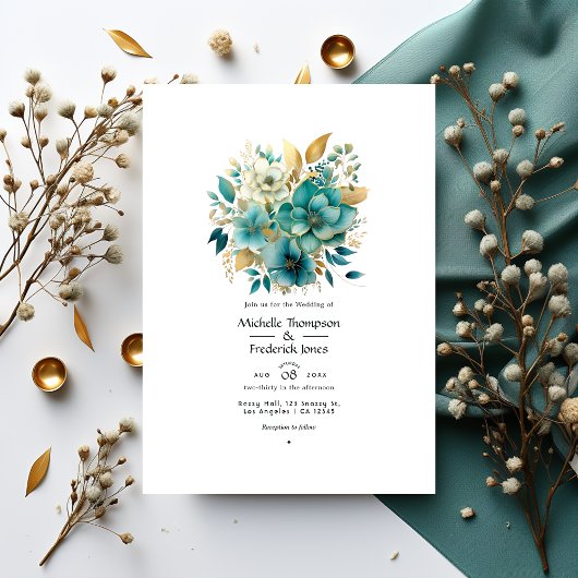 Invitation Mariage floral sarcelle et or