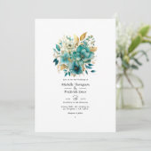 Invitation Mariage floral sarcelle et or (Debout devant)