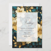 Invitation Mariage floral sarcelle et or (Devant)