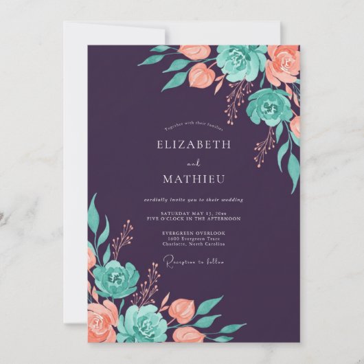 Invitation Mariage Floral sarcelle pêche prune (Devant)