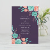 Invitation Mariage Floral sarcelle pêche prune (Debout devant)