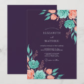 Invitation Mariage Floral sarcelle pêche prune (Devant / Derrière)