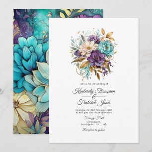 Invitation Mariage floral sarcelle, violet et or