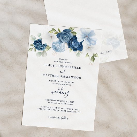 Invitation Mariage Floral Script Bleu Poussiéreux Navy