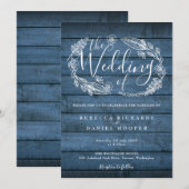 Invitation Mariage Floral Script Bois Rustique Bleu Campagne (Devant / Derrière)